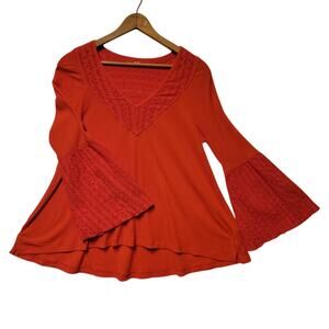 Free People Women's Deep V-Neck Eyelet Flare Sleeve Top Boho Festival‎ Oversized